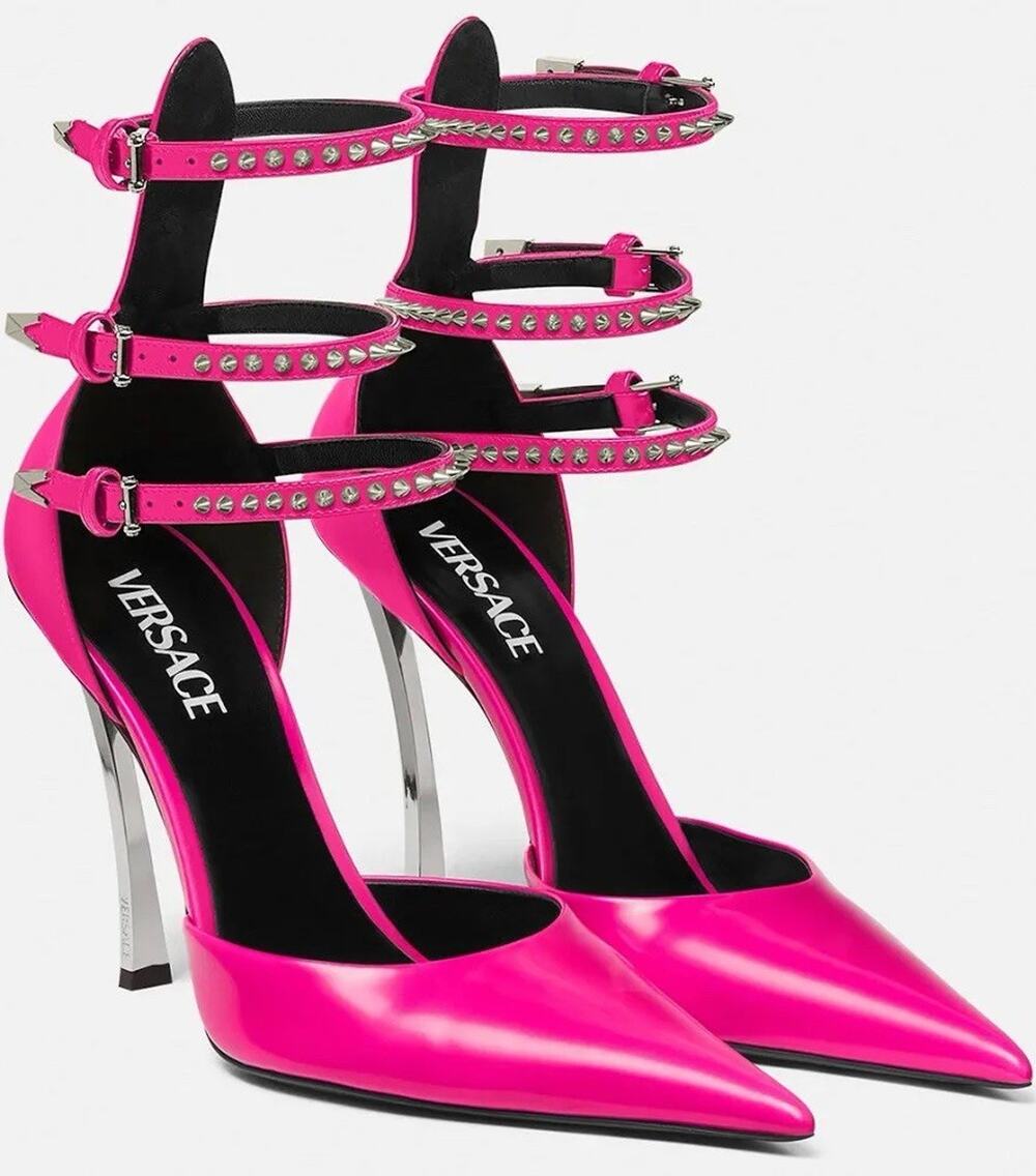 $1825 EU 41 US 11 Versace Women's Pink Leather High Heel Ankle Strap Pumps Shoes